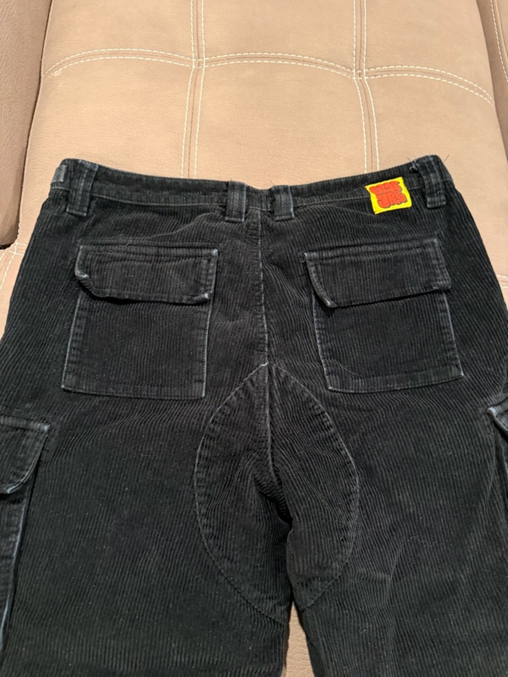 Empyre Black Corduroy Straight Cargo Jeans with Yellow Patch